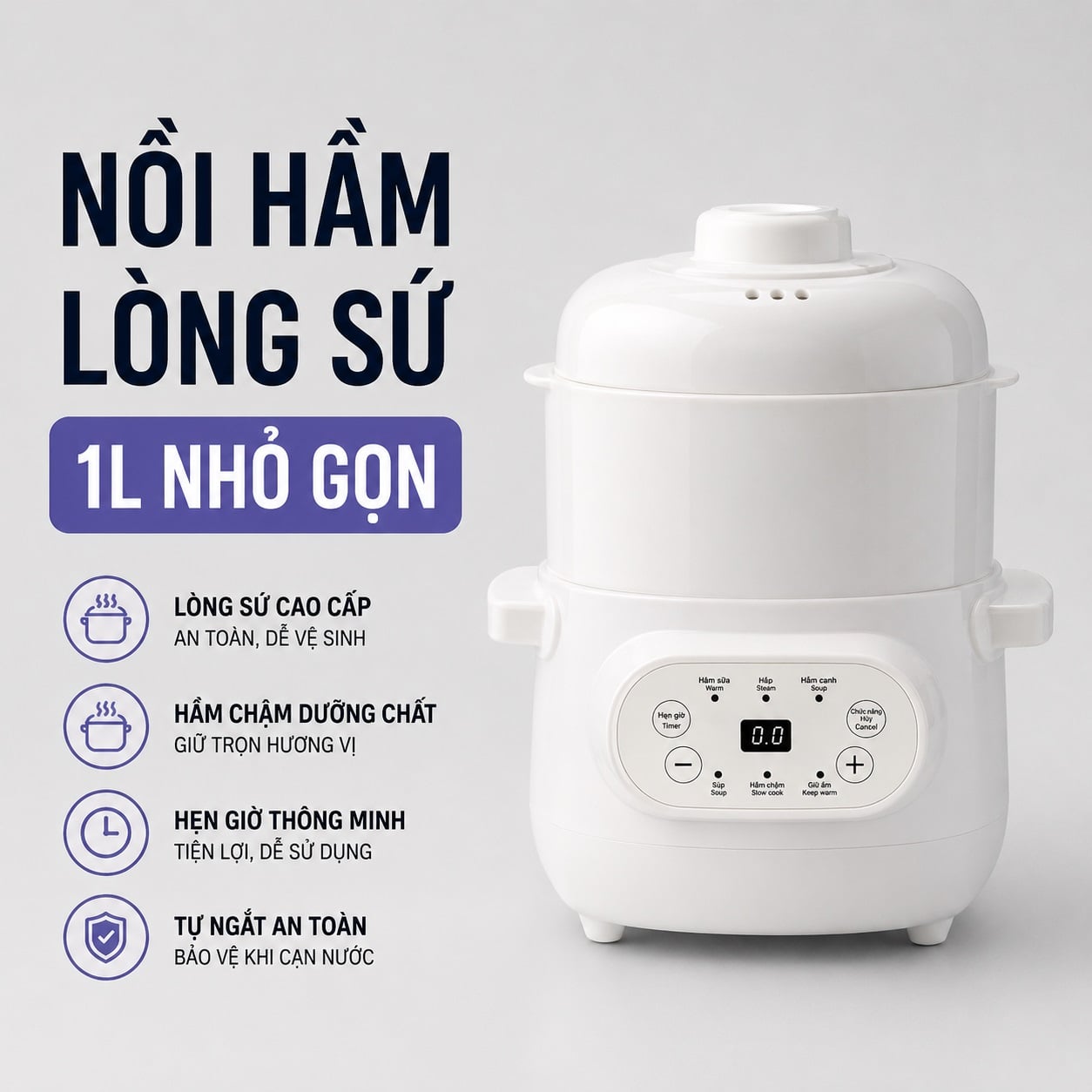 Nồi nấu chậm lòng sứ 1 Lít Mishio MK383 | Chưng yến , Hầm nhừ vẫn giữ trọn dinh dưỡng