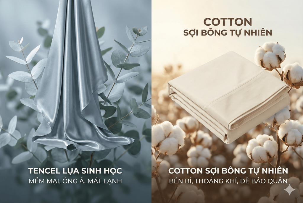 Bộ Drap Lụa Tencel 100% – Mát Lạnh, Mềm Mịn (Size 1m6/1m8 – Bọc Nệm Dày Tới 30cm) MK Kachi