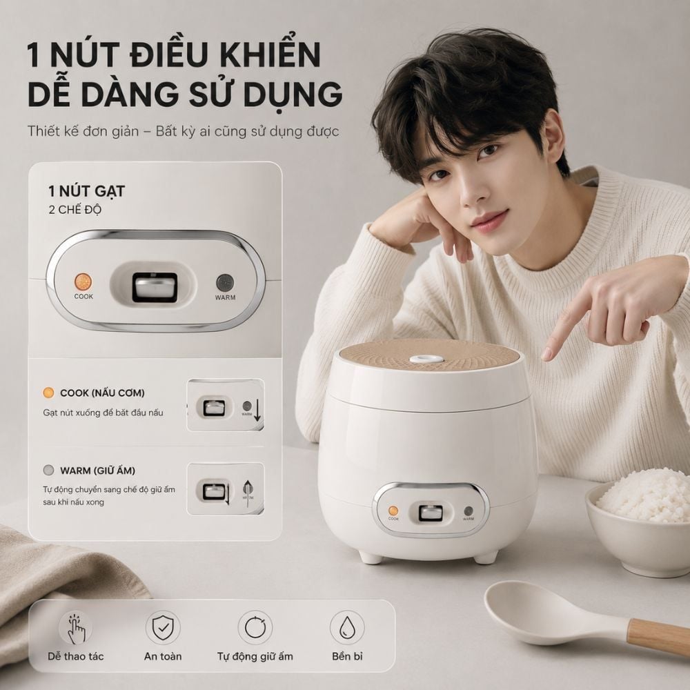 Nồi Cơm Điện Mishio MK233 size 0.8L nấu cơm ngon