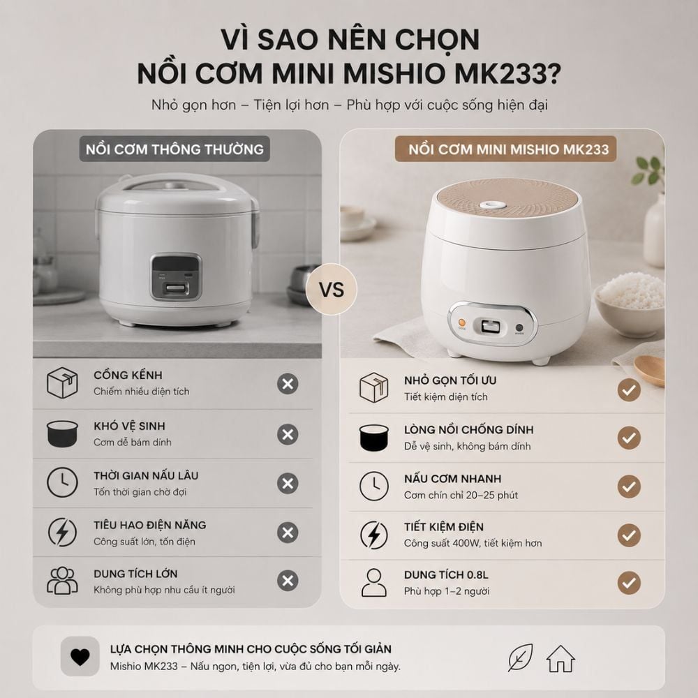 Nồi Cơm Điện Mishio MK233 size 0.8L nấu cơm ngon