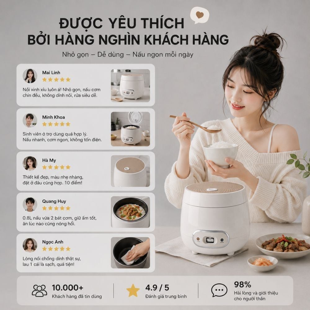 Nồi Cơm Điện Mishio MK233 size 0.8L nấu cơm ngon