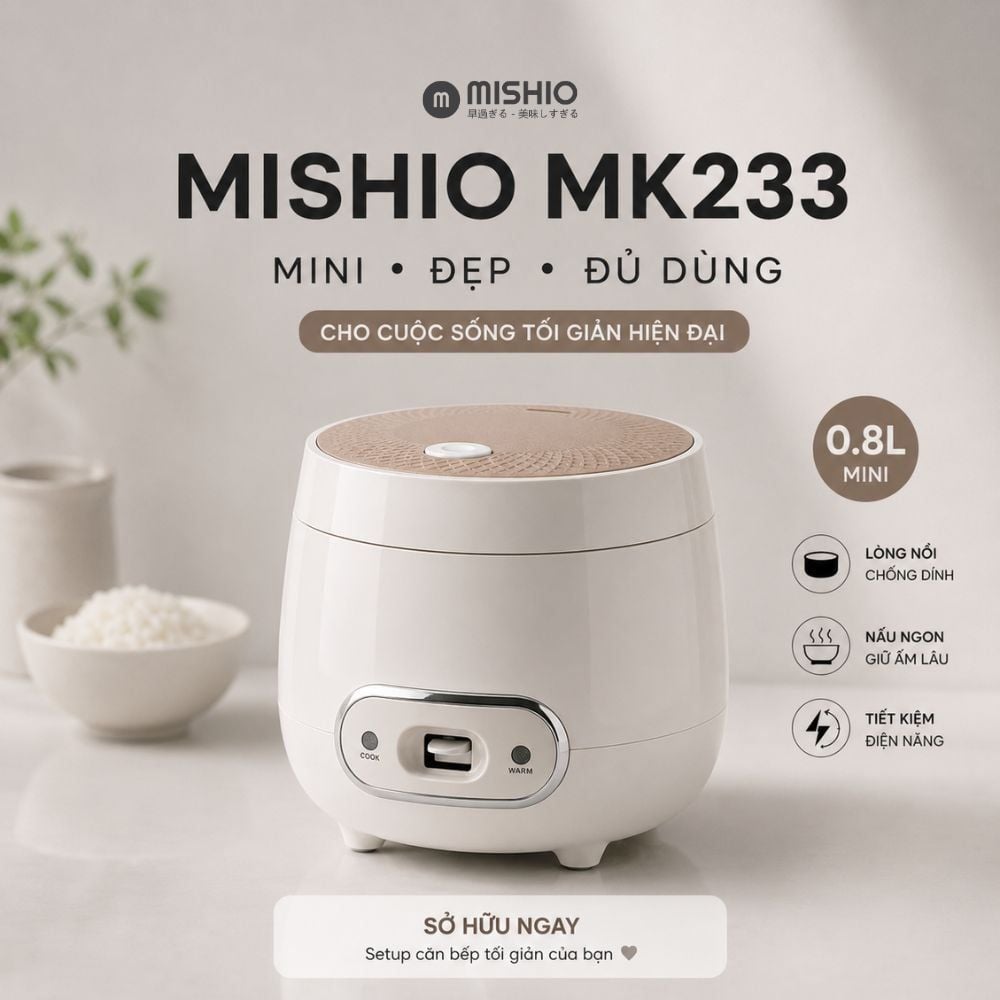 Nồi Cơm Điện Mishio MK233 size 0.8L nấu cơm ngon