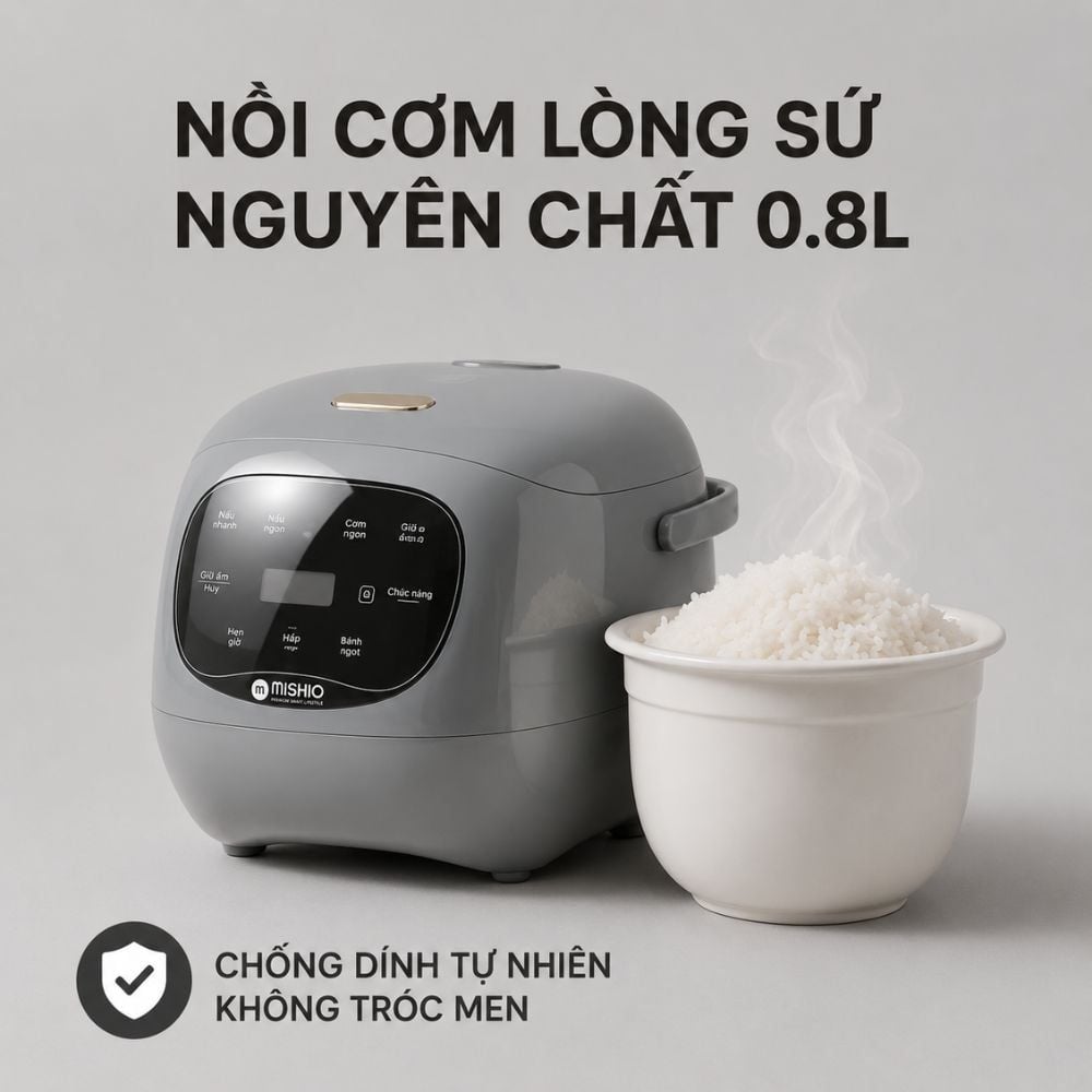 Nồi cơm điện lòng sứ dưỡng sinh Mishio MK365 chống dính tự nhiên trọn đời không bong tróc