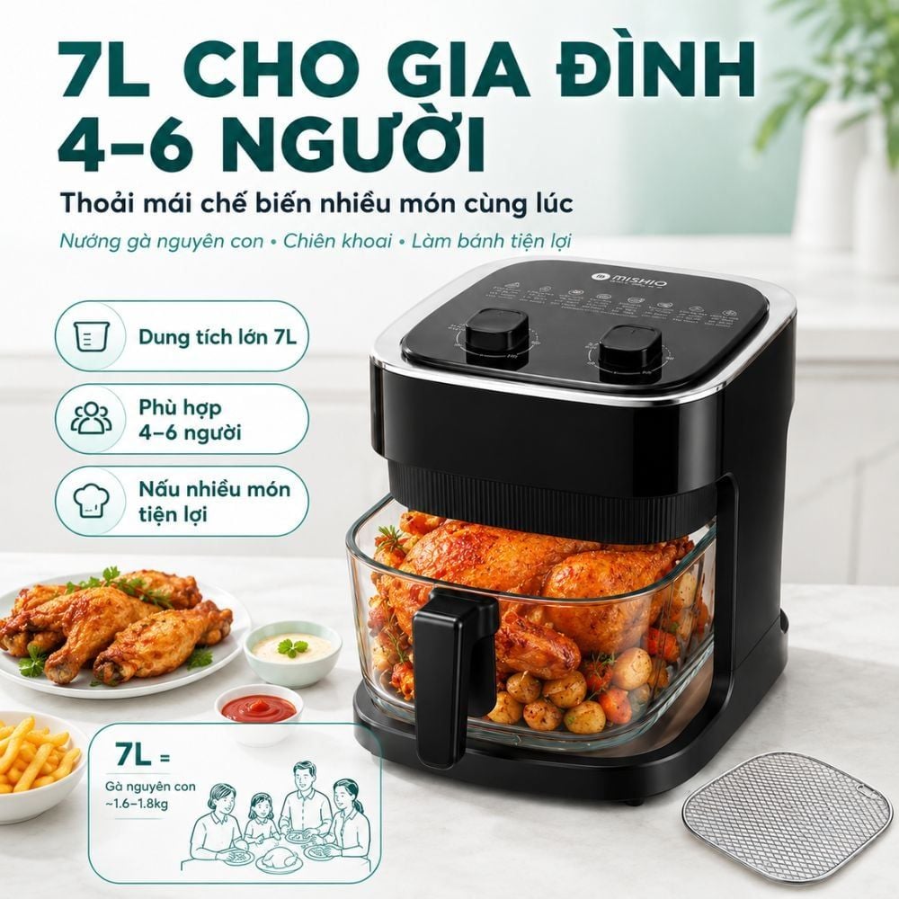 Nồi chiên không dầu thủy tinh Mishio MK373 | Dung tích 7 lít lòng nồi không bong tróc gỉ sét