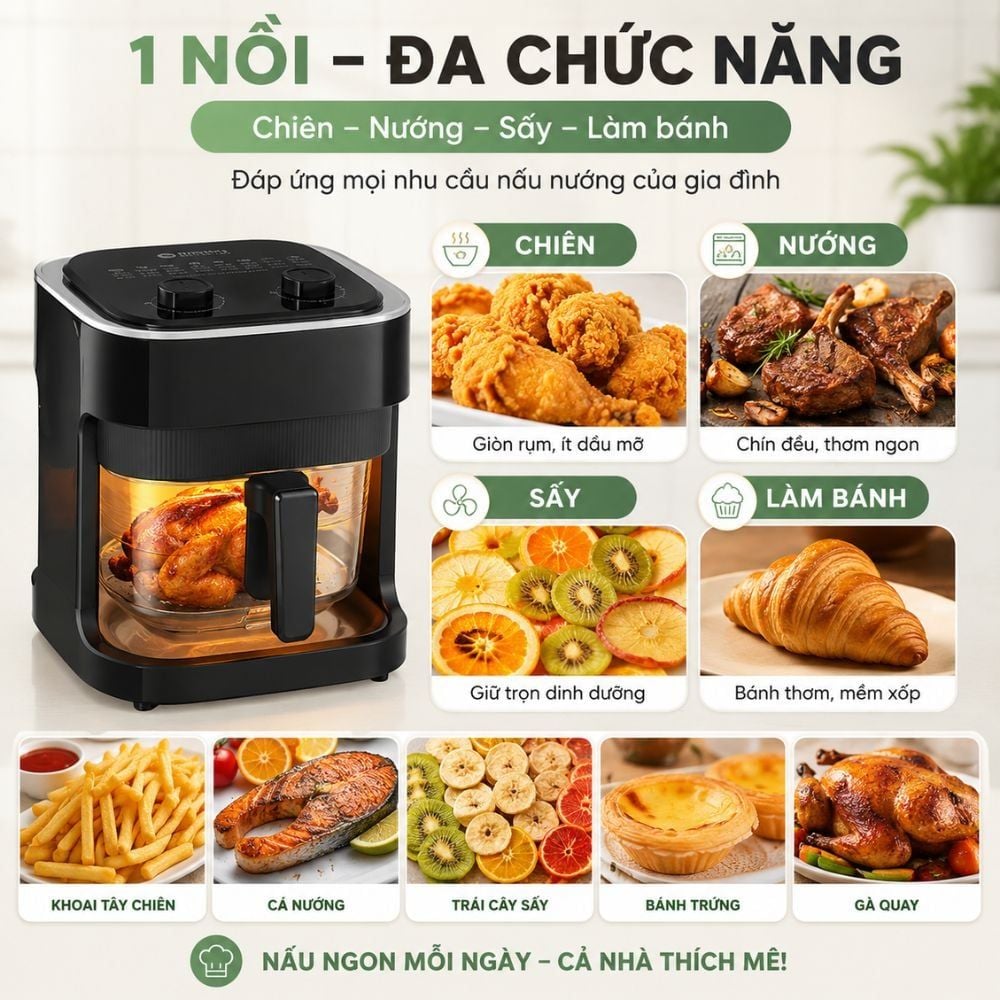 Nồi chiên không dầu thủy tinh Mishio MK373 | Dung tích 7 lít lòng nồi không bong tróc gỉ sét