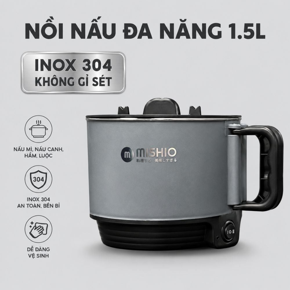 Nồi Lẩu Điện Mini 1.5L Mishio MK392 600W lòng nồi inox 304 không gỉ sét