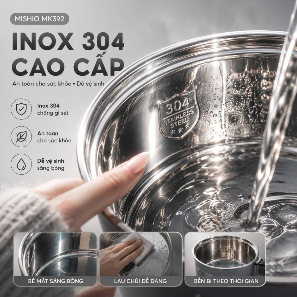 Nồi Lẩu Điện Mini 1.5L Mishio MK392 600W lòng nồi inox 304 không gỉ sét