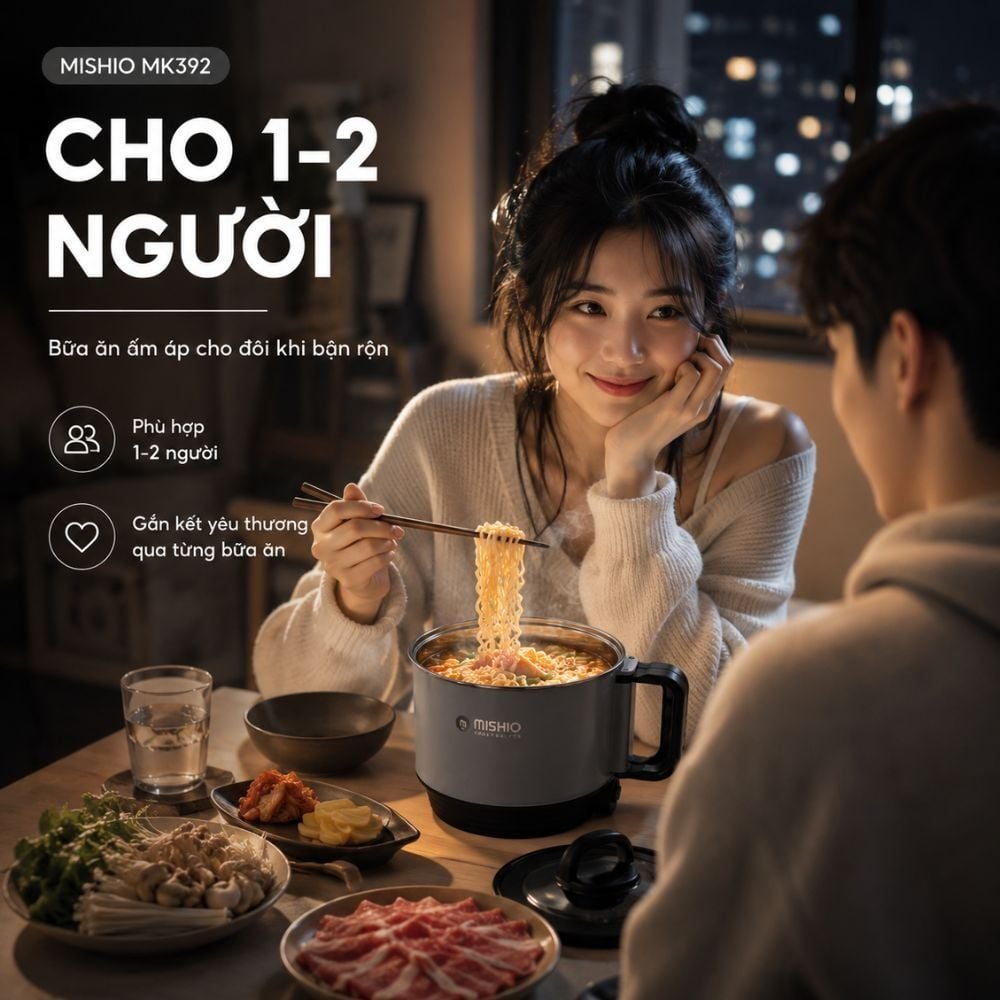 Nồi Lẩu Điện Mini 1.5L Mishio MK392 600W lòng nồi inox 304 không gỉ sét