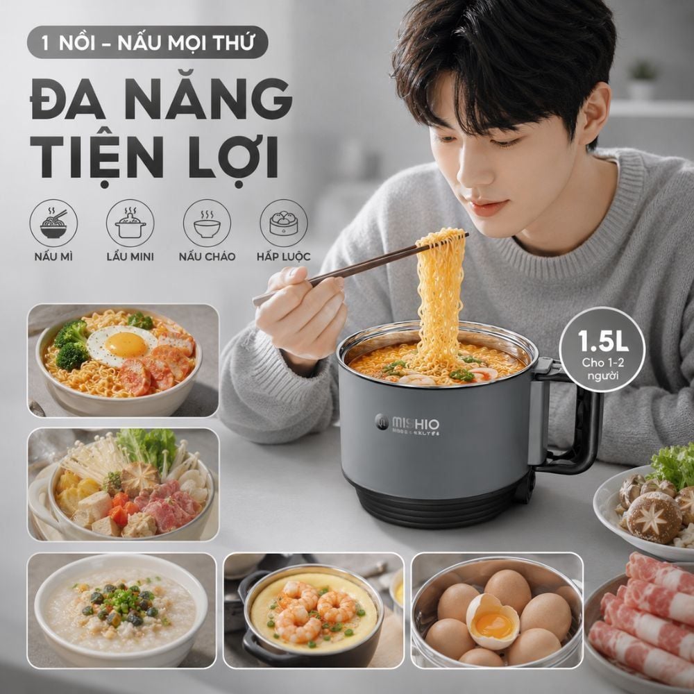 Nồi Lẩu Điện Mini 1.5L Mishio MK392 600W lòng nồi inox 304 không gỉ sét
