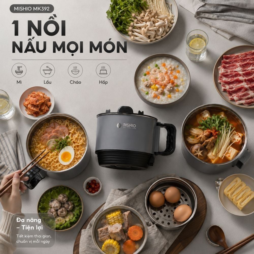 Nồi Lẩu Điện Mini 1.5L Mishio MK392 600W lòng nồi inox 304 không gỉ sét
