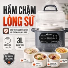 Nồi nấu chậm lòng sứ 3L Mishio MK397 kèm xửng hấp và 4 thố sứ tiện lợi không lo cháy khét hay bong tróc chống dính
