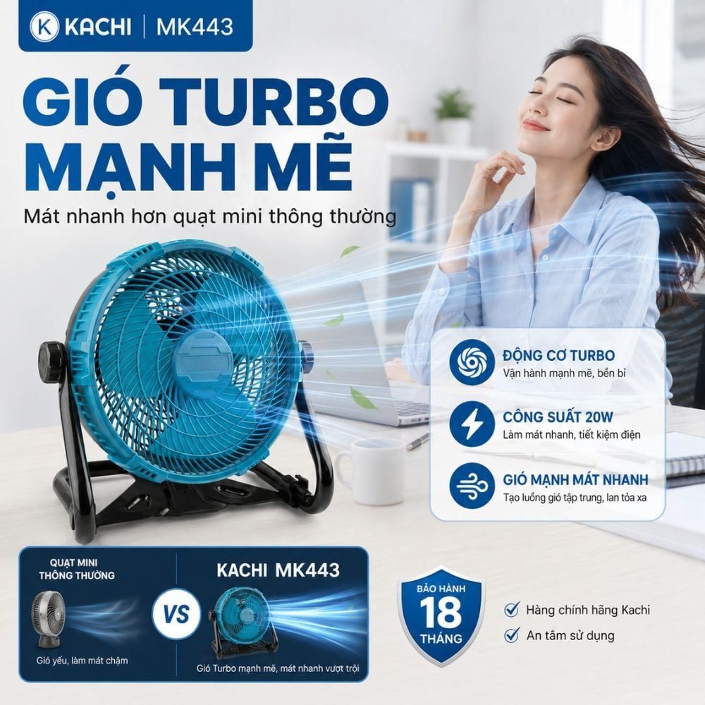 Hình ảnh chi tiết: Quạt Để Bàn Tích Điện Kachi MK443 – Gió Turbo Mạnh Mẽ, Xoay 360 Độ, Thiết Kế Di Động Đa Năng