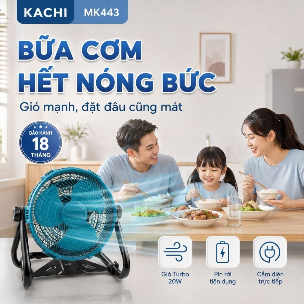 Hình ảnh chi tiết: Quạt Để Bàn Tích Điện Kachi MK443 – Gió Turbo Mạnh Mẽ, Xoay 360 Độ, Thiết Kế Di Động Đa Năng