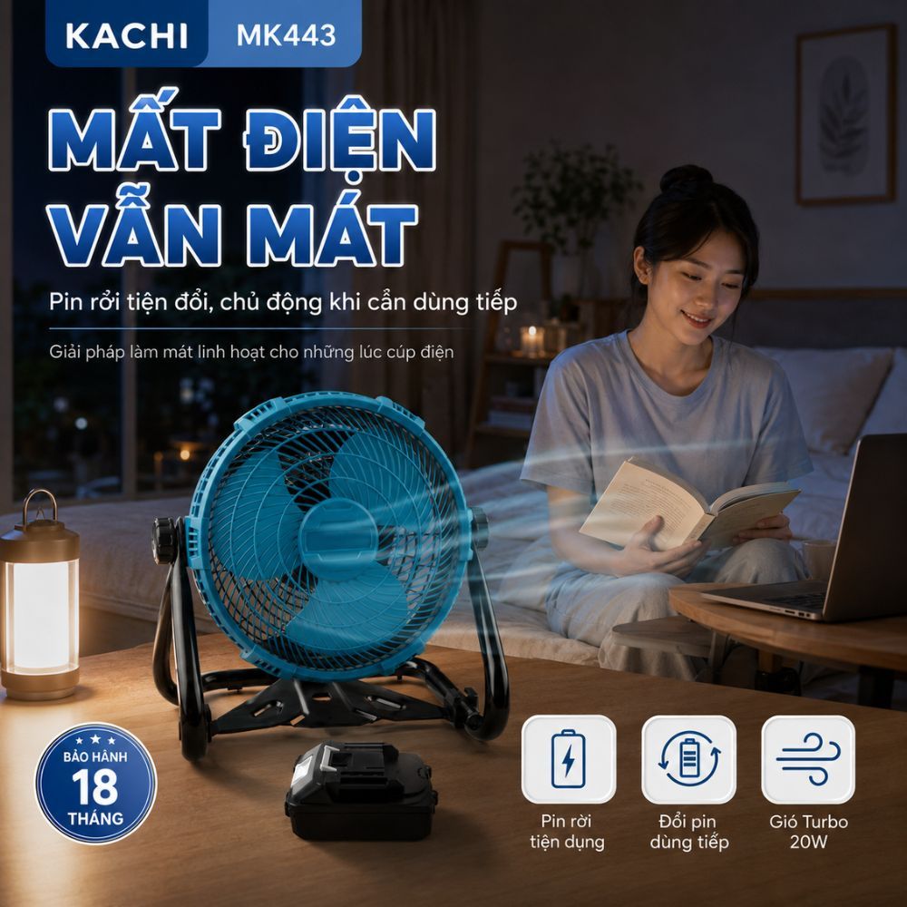 Hình ảnh chi tiết: Quạt Để Bàn Tích Điện Kachi MK443 – Gió Turbo Mạnh Mẽ, Xoay 360 Độ, Thiết Kế Di Động Đa Năng