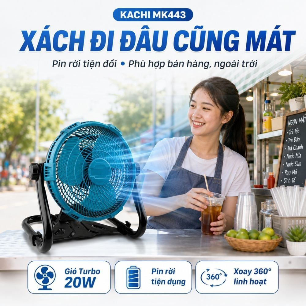Hình ảnh chi tiết: Quạt Để Bàn Tích Điện Kachi MK443 – Gió Turbo Mạnh Mẽ, Xoay 360 Độ, Thiết Kế Di Động Đa Năng