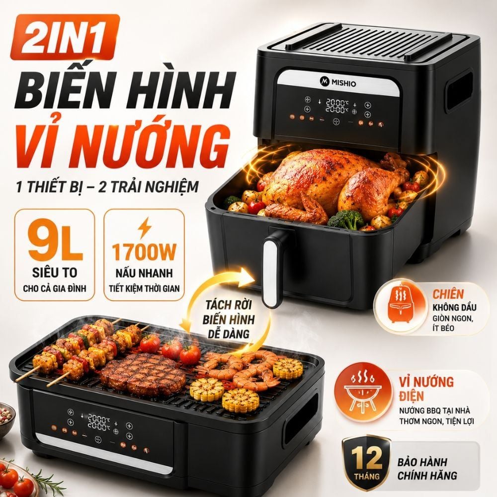 Nồi Chiên Không Dầu Kèm Vỉ Nướng 2-in-1 Mishio MK407: Nâng Tầm Món Ngon, Tiện Lợi Vượt Trội