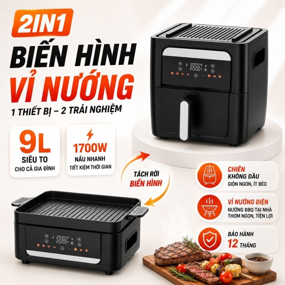 Nồi Chiên Không Dầu Kèm Vỉ Nướng 2-in-1 Mishio MK407: Nâng Tầm Món Ngon, Tiện Lợi Vượt Trội
