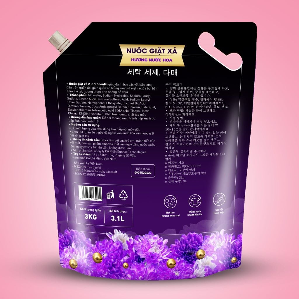 Nước Giặt Xả 2 Trong 1 Soonmi 3kg Đậm Đặc - Công Nghệ Hạt Lưu Hương Ngọc Trai Lên Tới 3 Tuần MK