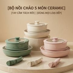 Bộ 3 Nồi Chảo Đá Gốm Chống Dính Mishio 5 Món - Tay Cầm Tháo Rời, Không Chứa PFAS/PTFE/PFOA, Dùng Mọi Loại Bếp MK