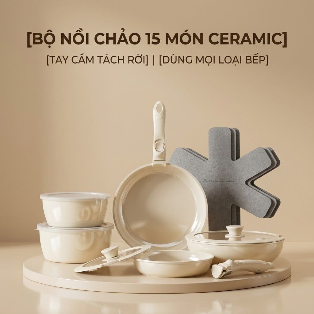 Bộ Nồi Chảo Đá Gốm Chống Dính Mishio 15 Món (5 Nồi Chảo) - Tay Cầm Tháo Rời Thông Minh, Không Chứa PFAS/PTFE, Tương Thích Mọi Loại Bếp MK