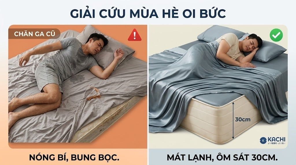 Bộ Drap Lụa Tencel 100% – Mát Lạnh, Mềm Mịn (Size 1m6/1m8 – Bọc Nệm Dày 20cm) MK445 Kachi