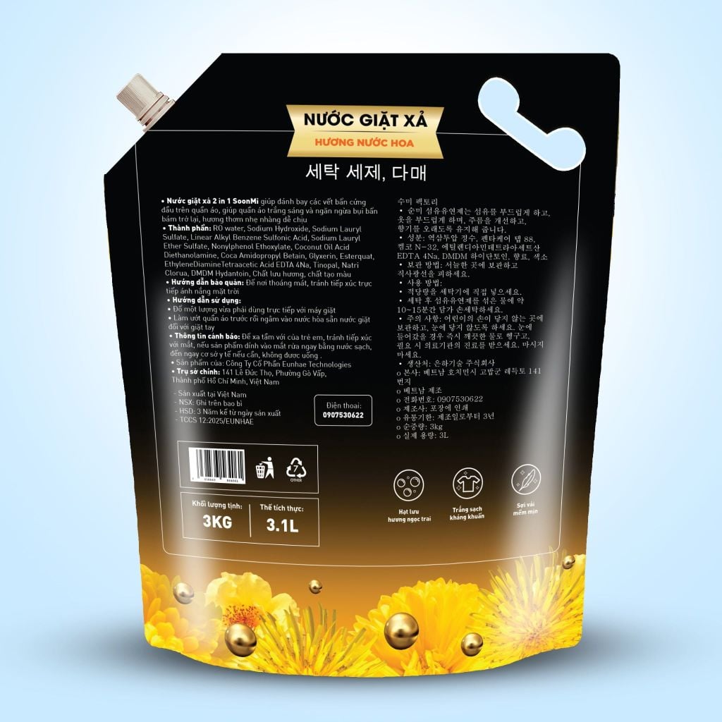 Nước Giặt Xả 2 Trong 1 Soonmi 3kg Đậm Đặc - Công Nghệ Hạt Lưu Hương Ngọc Trai Lên Tới 3 Tuần MK