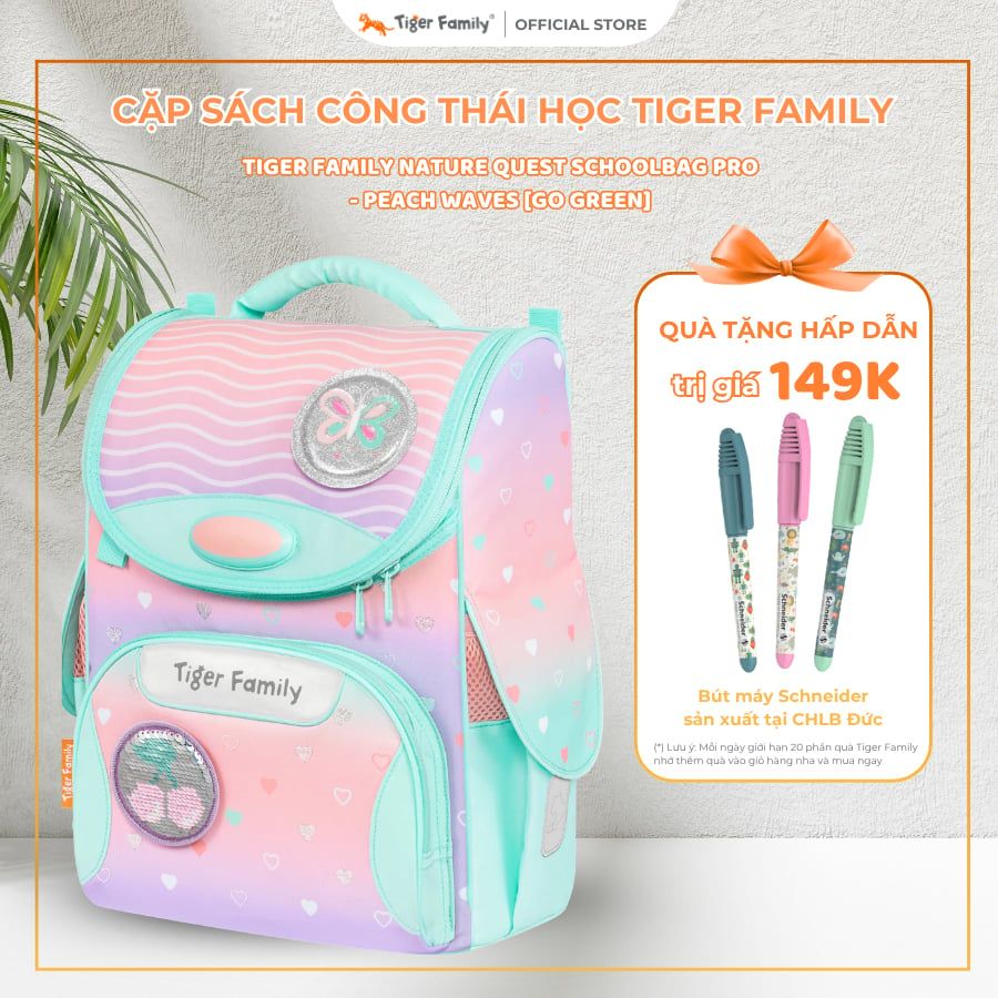  Cặp Sách Tiger Family Nature Quest Pro S - Peach Waves [Go Green] - TGNQ-096A(2) , cặp chống gù, balo chống gù 