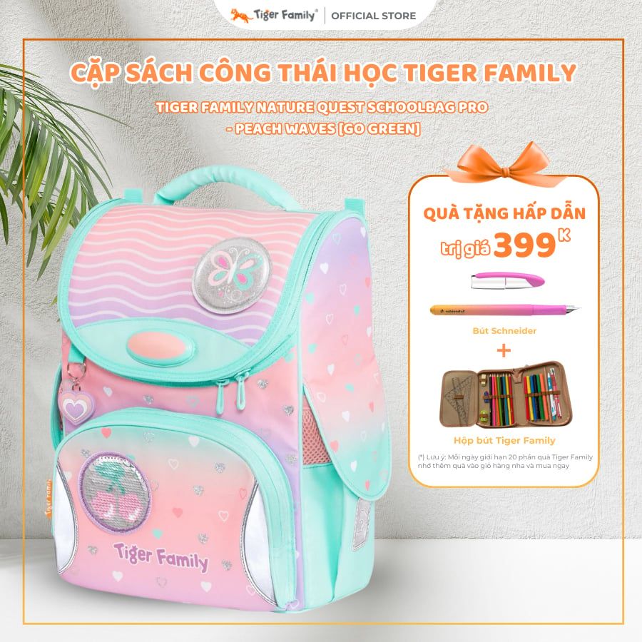  Cặp Sách Tiger Family Nature Quest Schoolbag Pro - Peach Waves [Go Green] - TGNQ-096A , cặp chống gù, balo chống gù 