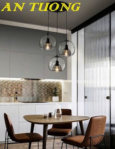  Đèn thả bàn ăn 3 bóng thủy tinh màu xám khói đẹp 0292 