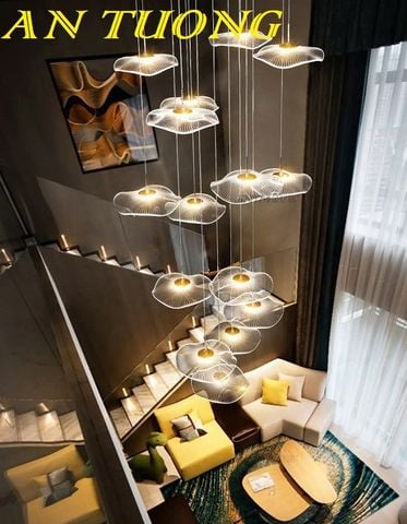 Đèn thả thông tầng lá sen trang trí cầu thang phòng khách đẹp