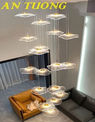 Đèn thả thông tầng lá sen trang trí cầu thang phòng khách đẹp