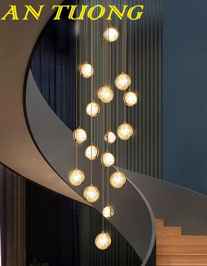 Đèn thả thông tầng pha lê giọt nước trang trí cầu thang hiện đại 011