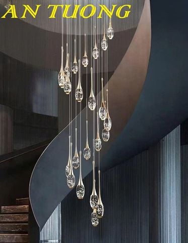 Đèn thả thông tầng pha lê giọt nước trang trí cầu thang hiện đại