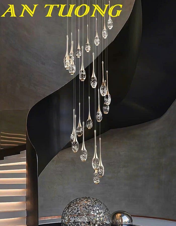 Đèn thả thông tầng pha lê giọt nước trang trí cầu thang hiện đại 014