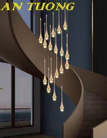 Đèn thả thông tầng pha lê giọt nước trang trí cầu thang hiện đại