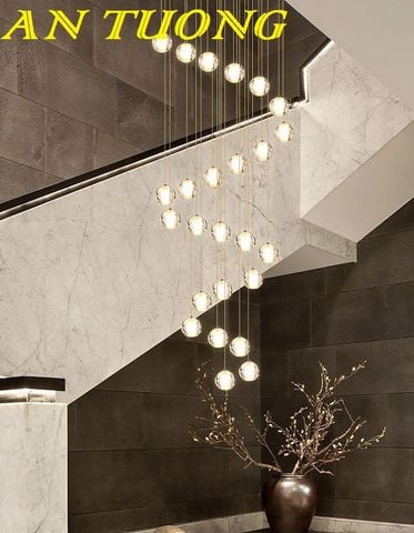 Đèn thả thông tầng pha lê giọt nước 25 bóng thả hình xoắn ốc