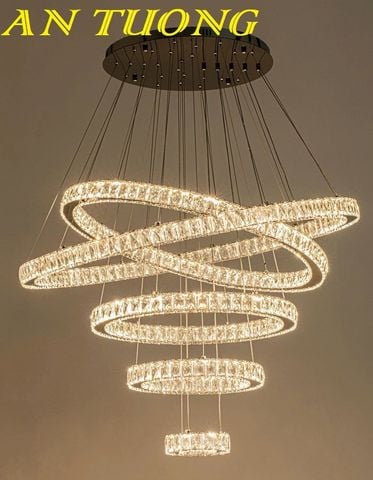 Đèn thả trần phòng khách 5 vòng tròn pha lê cao cấp hiện đại