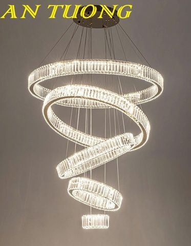 Đèn thả trần phòng khách 5 vòng tròn pha lê cao cấp hiện đại
