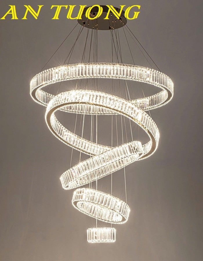 Đèn thả trần phòng khách 5 vòng tròn pha lê cao cấp hiện đại 0308
