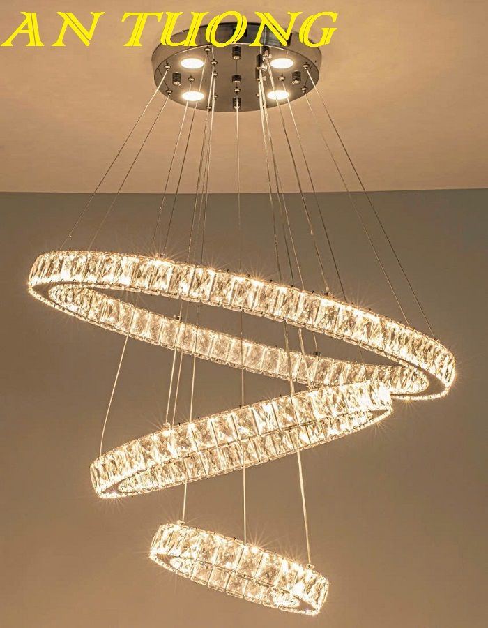 Đèn thả trần phòng khách 3 vòng pha lê đẹp, hiện đại 0158