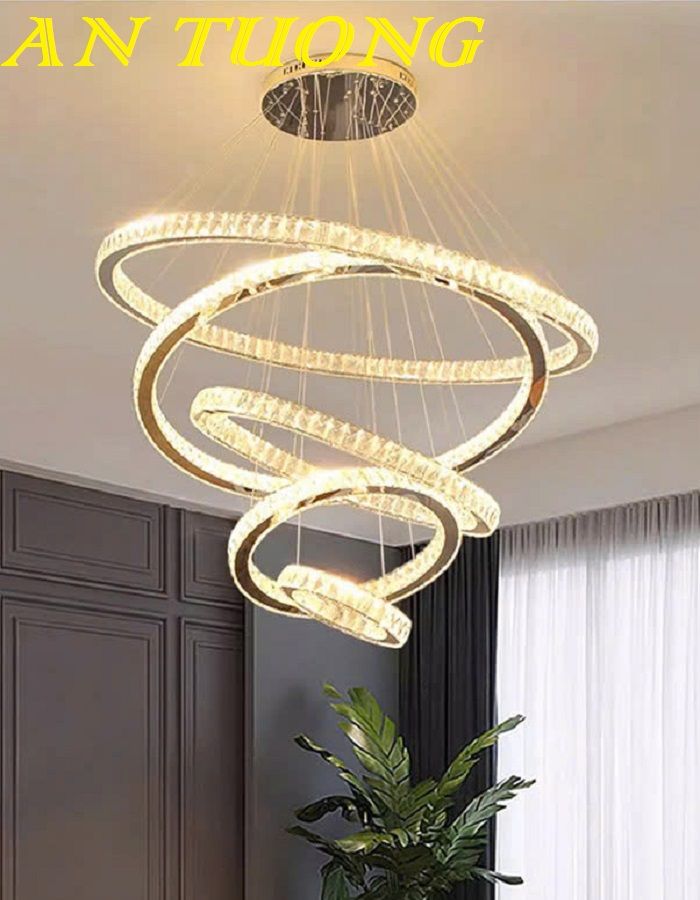 Đèn thả trần phòng khách 5 vòng pha lê đẹp, hiện đại 0156