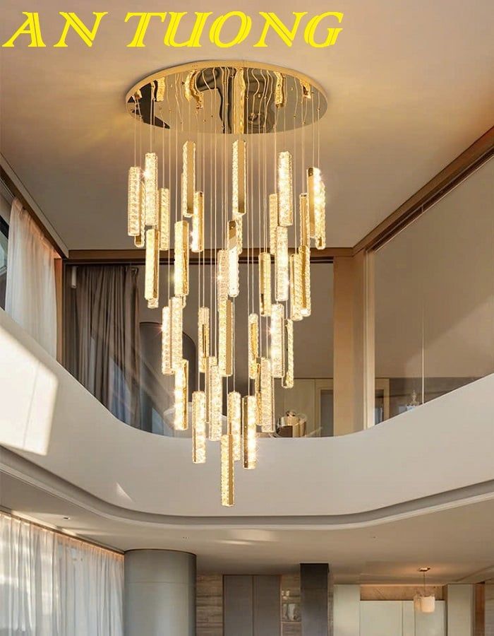 Đèn thả trần pha lê trang trí phòng khách thông tầng đẹp, hiện đại 026