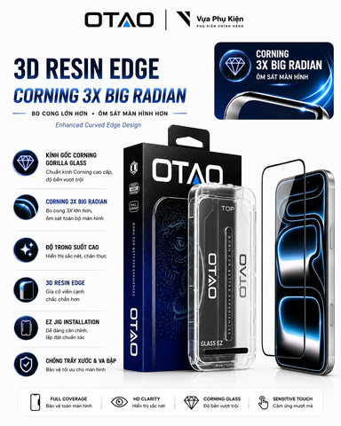 Kính Cường Lực OTAO Corning 3X Big Radian 3D Resin Edge Kèm khung trợ dán