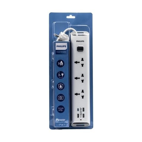 Ổ cắm điện Philips CHP4335WB, 3 lỗ, 3m, 3 USB-A + 1 Type-C total 2.4A