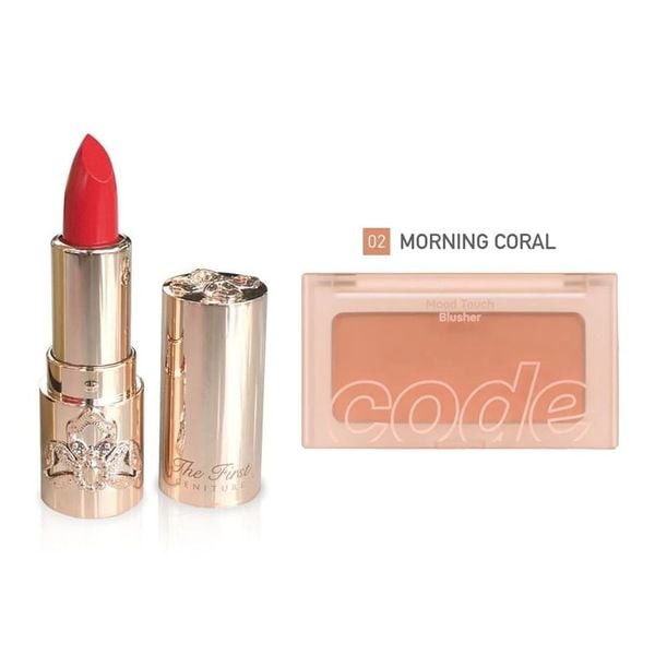 Combo Son Lì Dưỡng Ẩm Mini Cao Cấp Ohui The First Geniture Lipstick Minisize Màu Red 1.3g Và Phấn Má Code Glokolor Mood Touch Blusher 3.5G Màu 02 Morning Coral