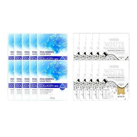 Combo 10 Mặt Nạ Làm Sáng Da, Mờ Thâm Nám Jluna Real Essence Mask Verpia White 20mlx10 Và 10 Mặt Nạ Săn chắc Da Jluna Real Essence Mask Collagen 20mlx10
