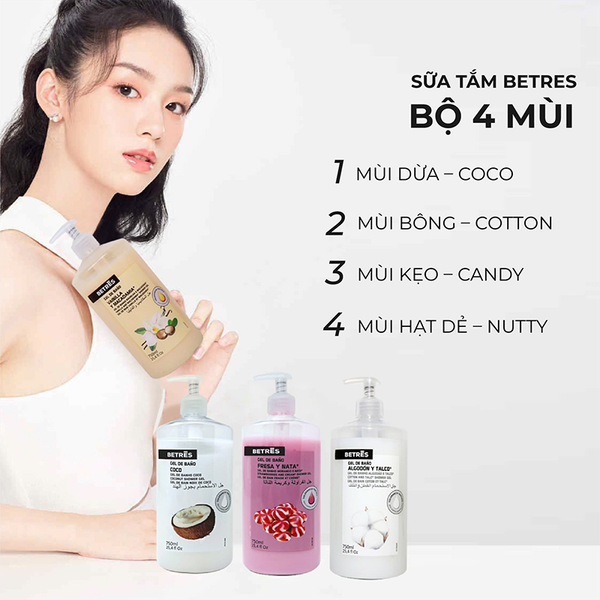 Combo 2 Gel Sữa Tắm Cotton & Talc 750ml Và Sữa Tắm Betres Strawberry & Cream 750ml