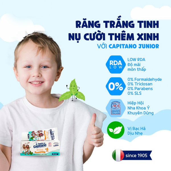 (HSD: 6/2026) Combo Kem Đánh Răng Capitano Cho Bé 6+ Hương Bạc Hà Và Kem Đánh Răng Capitano Cho Bé 3+ Hương Dâu 75mlx2