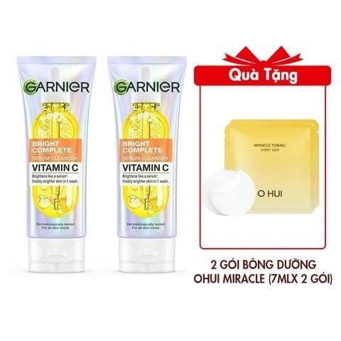 Combo 2 Sữa Rửa Mặt Garnier Tạo Bọt Hỗ Trợ Dưỡng Sáng Da Light Complete Brightening Whip Foam 50mlx2 Tặng 2 Gói Bông Dưỡng Ohui Miracle Toning Water Pad (7mlx 2 gói)