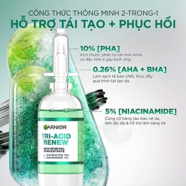 Tinh Chất Garnier Tri-Acid Renew Skin Renewal Concentrate Serum Giúp Cải Thiện Tông Da Dưỡng Sáng, Mịn Màng 20ml